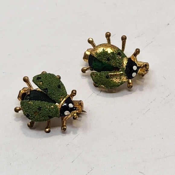 West Germany Mini Insect Bug Pin Lapel Pin Set of 2 Hand Painted Green Crystal - Picture 1 of 6